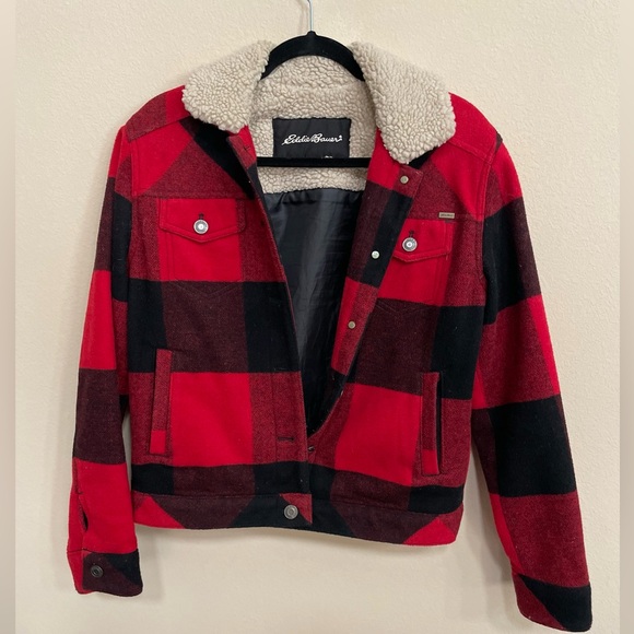 Eddie Bauer Red Plaid Women’s Jacket with Shearling Trim - Picture 2 of 4